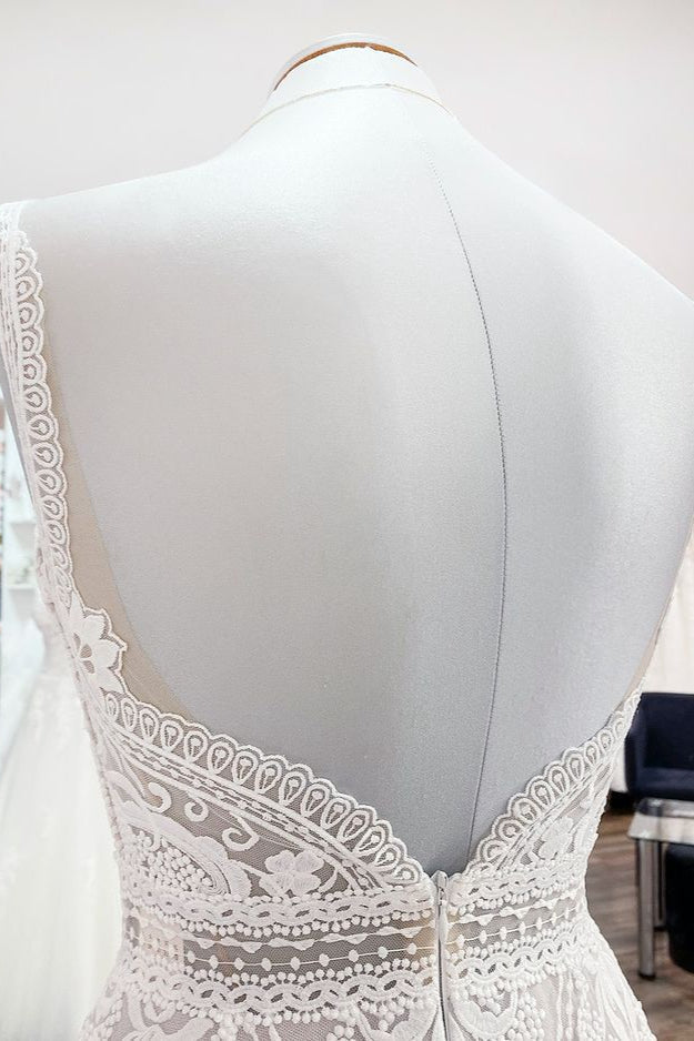 Sleeveless White Tulle Lace Ruffles Aline Backless Wedding Dress Floor Length