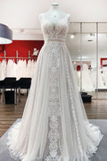 Sleeveless White Tulle Lace Ruffles Aline Backless Wedding Dress Floor Length