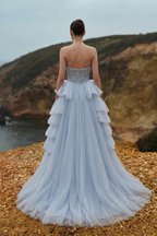 Sky Blue Beaded Corset Ball Gown With Oversized Tulle Bow Prom Dress