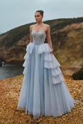 Sky Blue Beaded Corset Ball Gown With Oversized Tulle Bow Prom Dress
