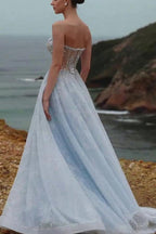 Sky Blue Strapless Ball Gown Evening Dress Silver Crystal Boned Corset Lace
