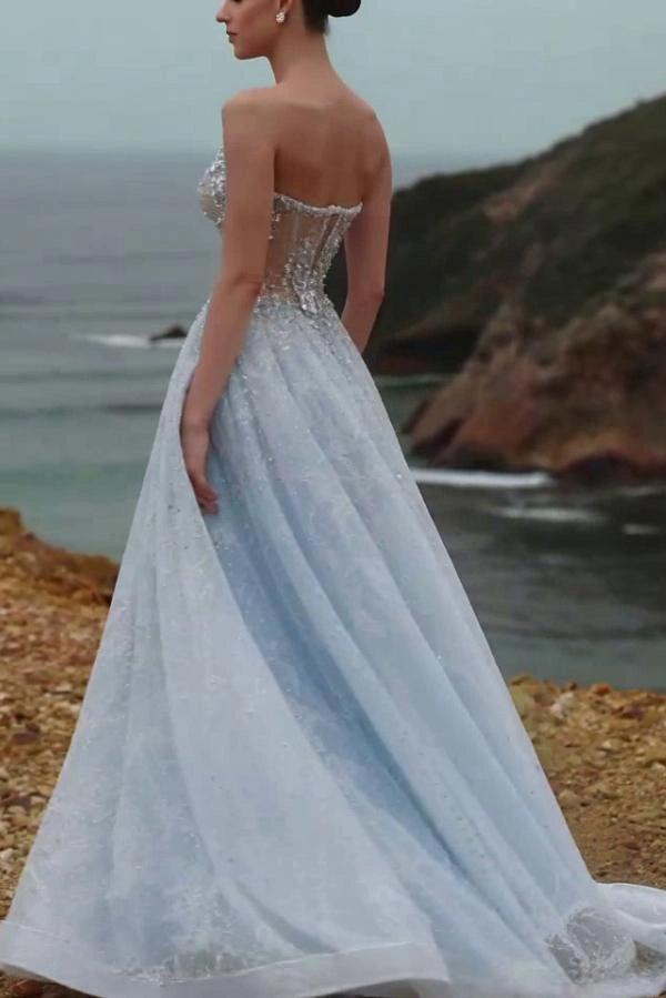 Sky Blue Strapless Ball Gown Evening Dress Silver Crystal Boned Corset Lace