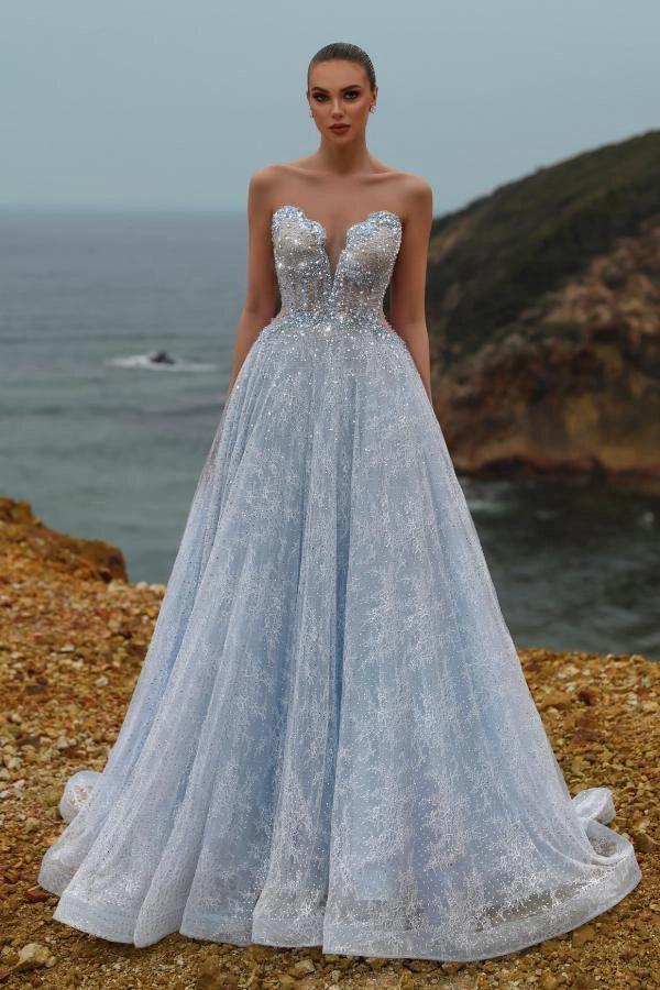 Sky Blue Strapless Ball Gown Evening Dress Silver Crystal Boned Corset Lace