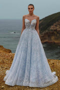Sky Blue Strapless Ball Gown Evening Dress Silver Crystal Boned Corset Lace