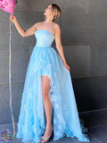 Abito da cerimonia formale a trapezio asimmetrico senza spalline in tulle e pizzo azzurro cielo con spacco