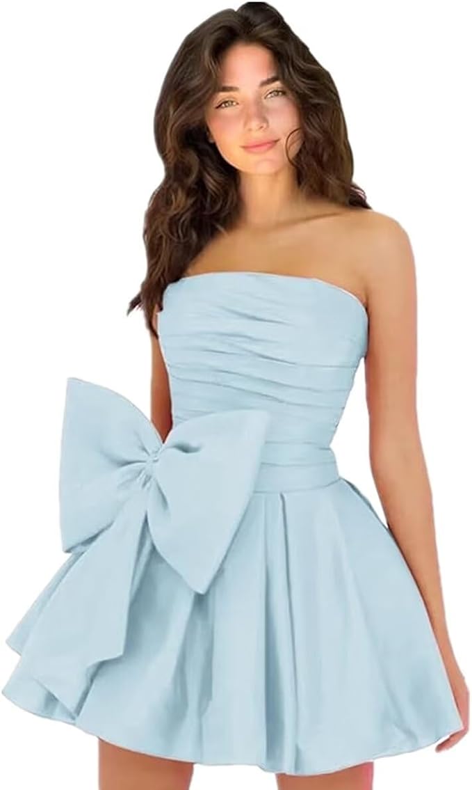 Vestidos de fiesta cortos y elegantes de corte A, sin mangas, sin tirantes, fruncidos, con cordones y lazo