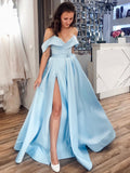 Sky Blue Long A-line Off the Shoulder Satin Formal Graduation Prom Dresses with Slit