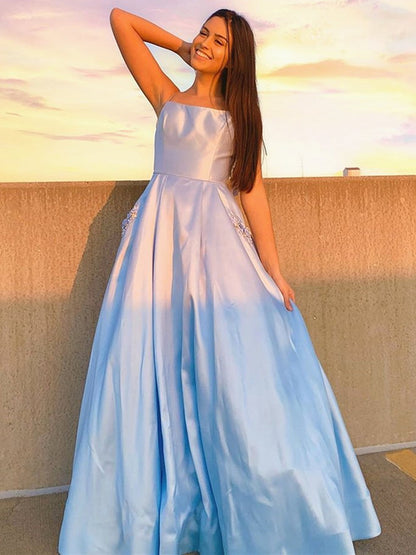 Sky Blue Long A-line Satin Formal Graduation Prom Dresses with Pockets