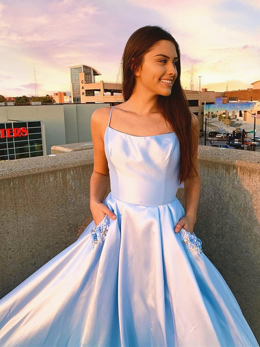 Sky Blue Long A-line Satin Formal Graduation Prom Dresses with Pockets