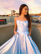 Sky Blue Long A-line Satin Formal Graduation Prom Dresses with Pockets