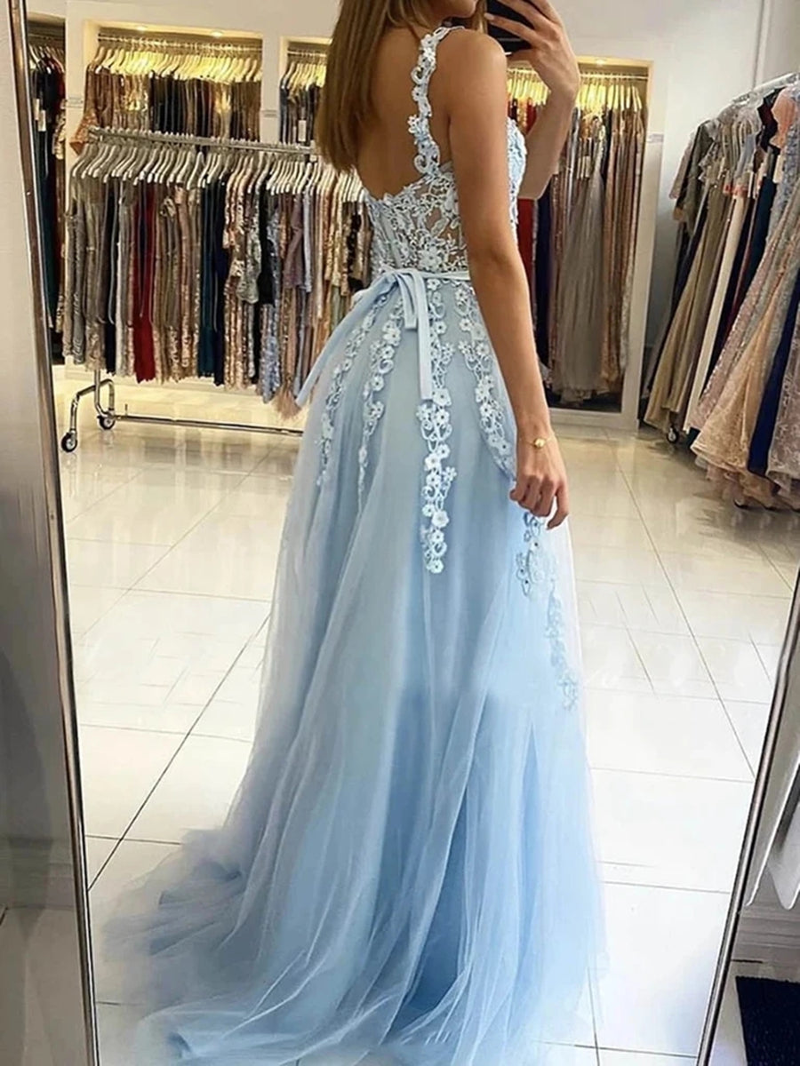 Sky Blue Long A-line Straps Tulle Lace Floral Backless Prom Graduation Dresses