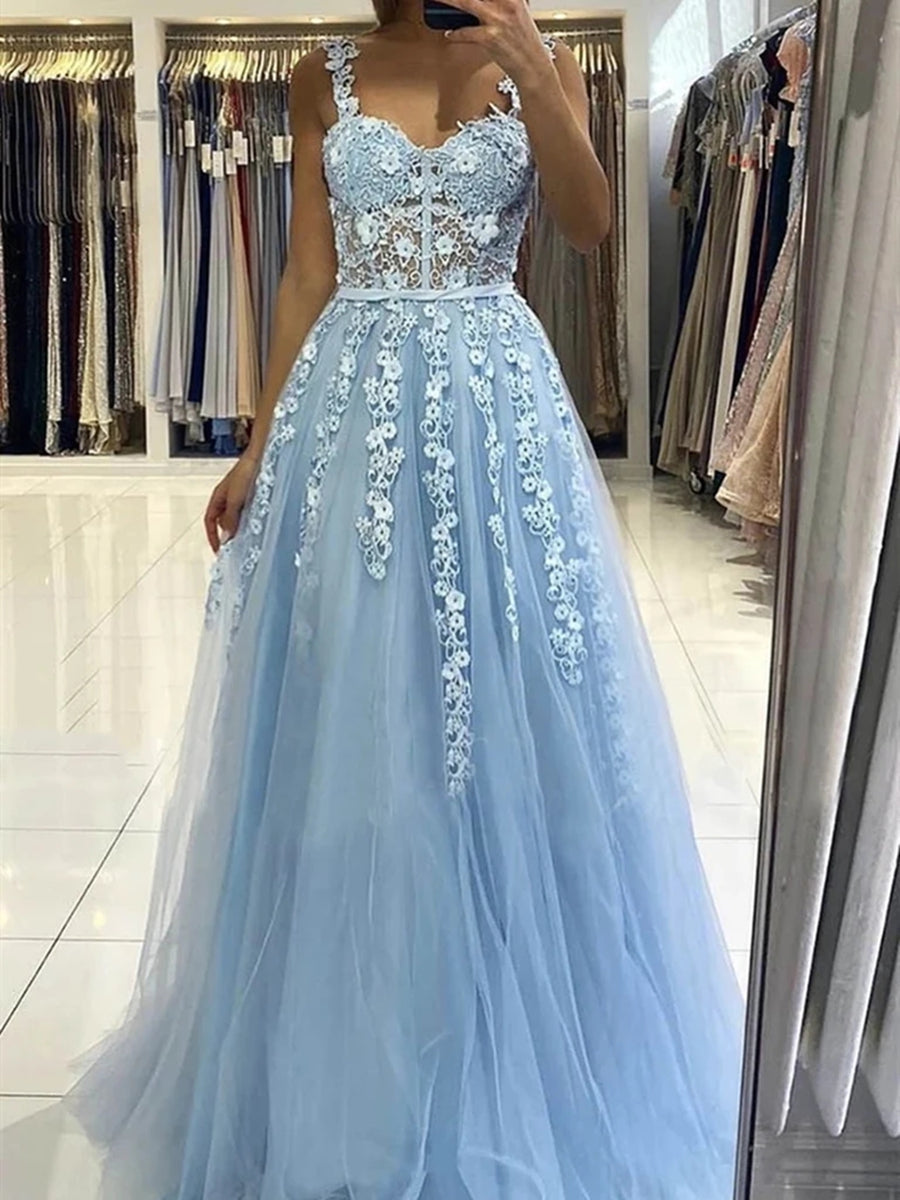 Sky Blue Long A-line Straps Tulle Lace Floral Backless Prom Graduation Dresses