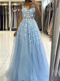 Sky Blue Long A-line Straps Tulle Lace Floral Backless Prom Graduation Dresses