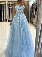 Sky Blue Long A-line Straps Tulle Lace Floral Backless Prom Graduation Dresses