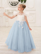 Detachable Lace Tulle Flower Girl Dress With Bow And Sweep Train