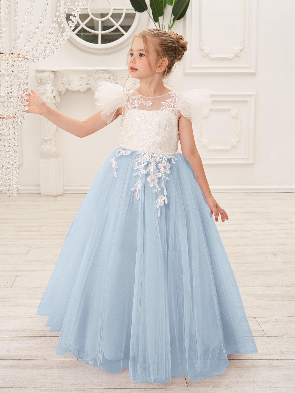 Detachable Lace Tulle Flower Girl Dress With Bow And Sweep Train