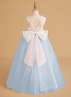 Sleeveless Princess Flower Girl Dress With Detachable Train And Beaded Lace