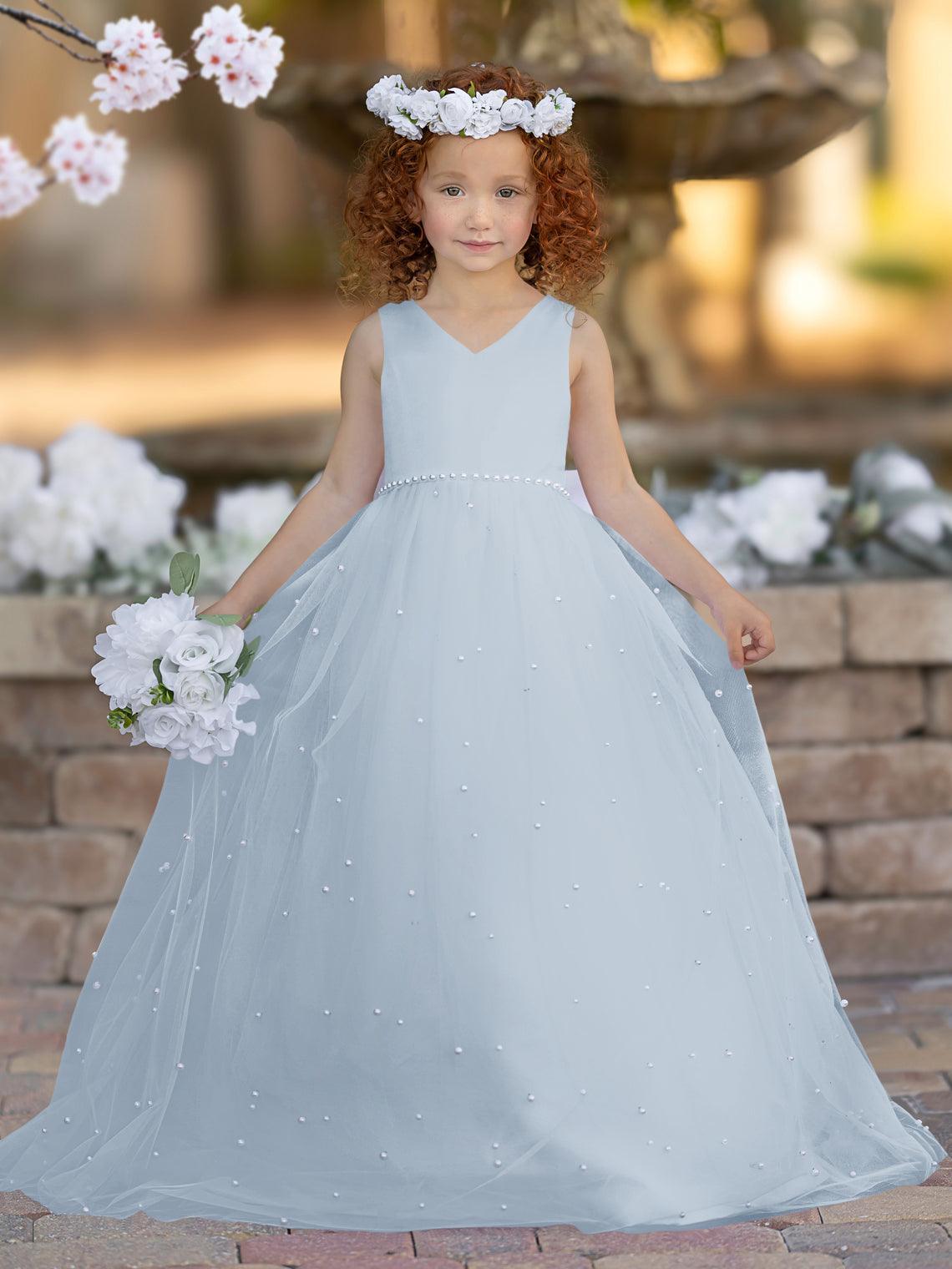 Floor Length V Neck Satin Tulle Princess Flower Girl Dress