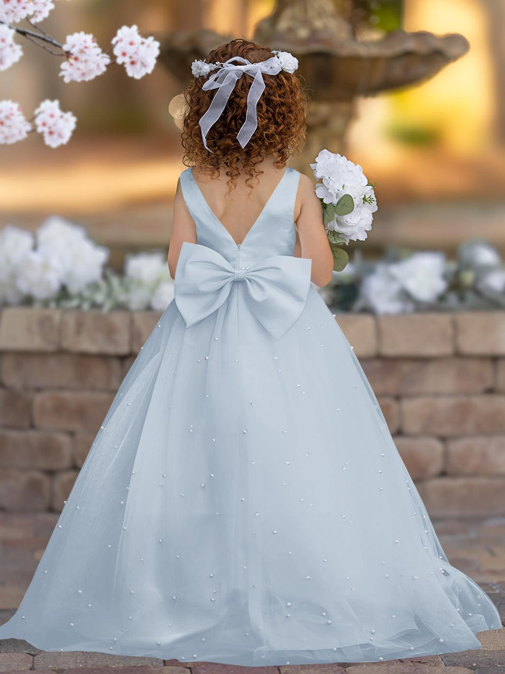 Floor Length V Neck Satin Tulle Princess Flower Girl Dress