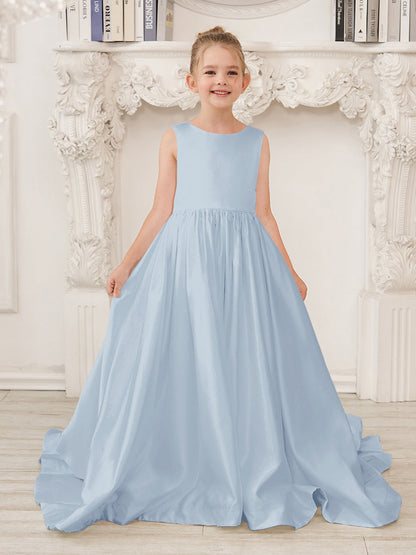 Robe de demoiselle d'honneur en satin sans manches de princesse coupe A avec traîne et nœud 
