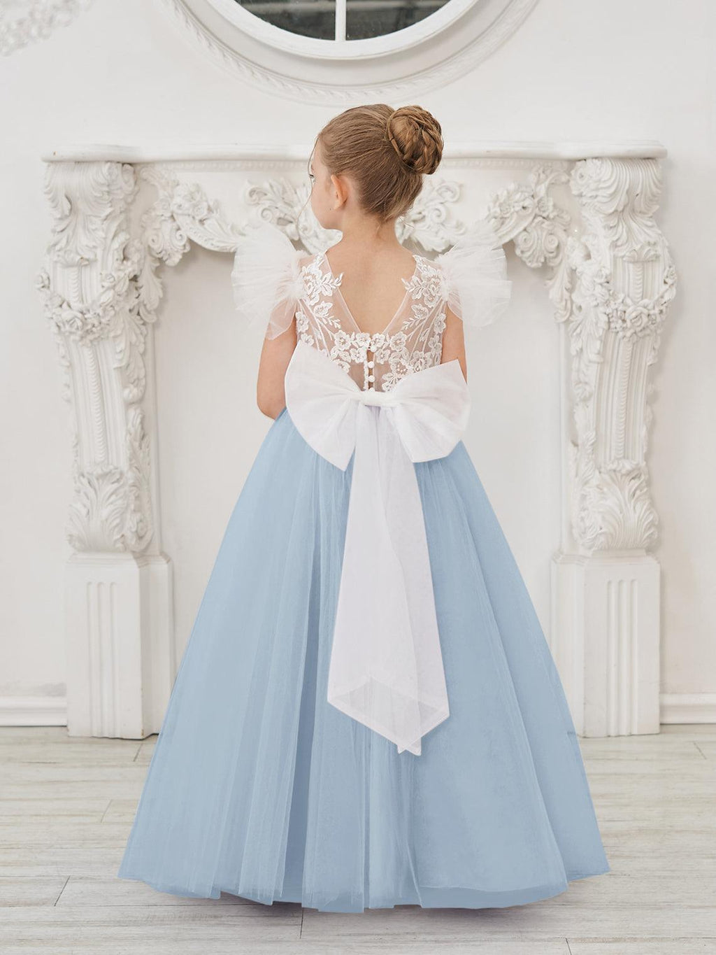 Detachable Lace Tulle Flower Girl Dress With Bow And Sweep Train