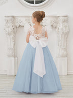 Detachable Lace Tulle Flower Girl Dress With Bow And Sweep Train