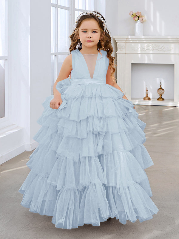 Ball-Gown/Princess Pearl Pink Sleeveless Tulle Bow Flower Girl Dress