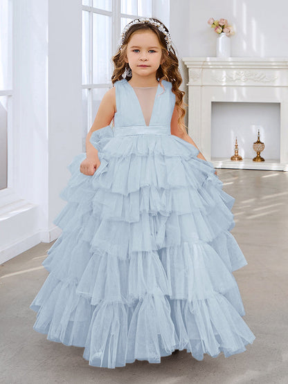Ball-Gown/Princess Pearl Pink Sleeveless Tulle Bow Flower Girl Dress
