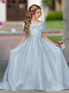 Ivory Satin Flower Girl Princess Ball Gown With Sweep Train And Bow Trim