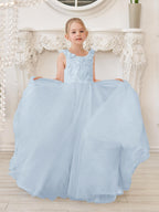 Elegant White Tulle Flower Girl Applique Lace Dress With Sweep Train