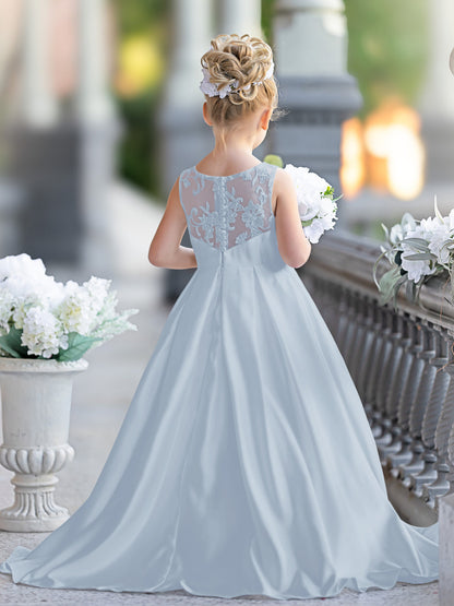Robe de demoiselle d'honneur de première communion en satin et dentelle coupe A-line 