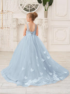 Elegant Sleeveless Tulle Flower Girl Dress With Applique Lace And Sweep Train