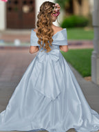 Ivory Satin Flower Girl Princess Ball Gown With Sweep Train And Bow Trim