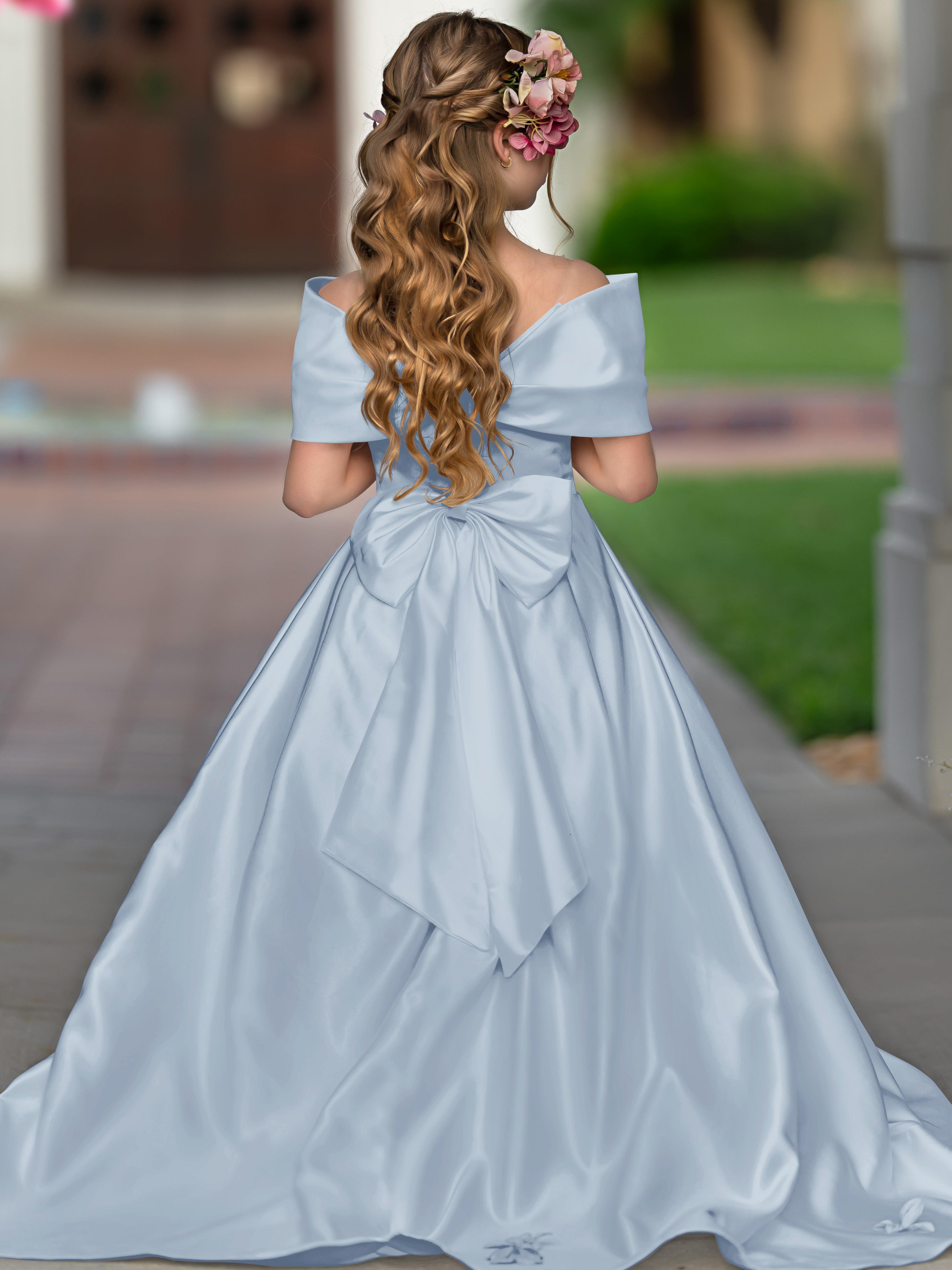 Ivory Satin Flower Girl Princess Ball Gown With Sweep Train And Bow Trim