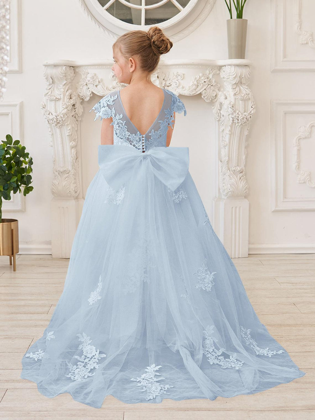 Ivory Lace Tulle First Communion Flower Girl Dress With Detachable Train