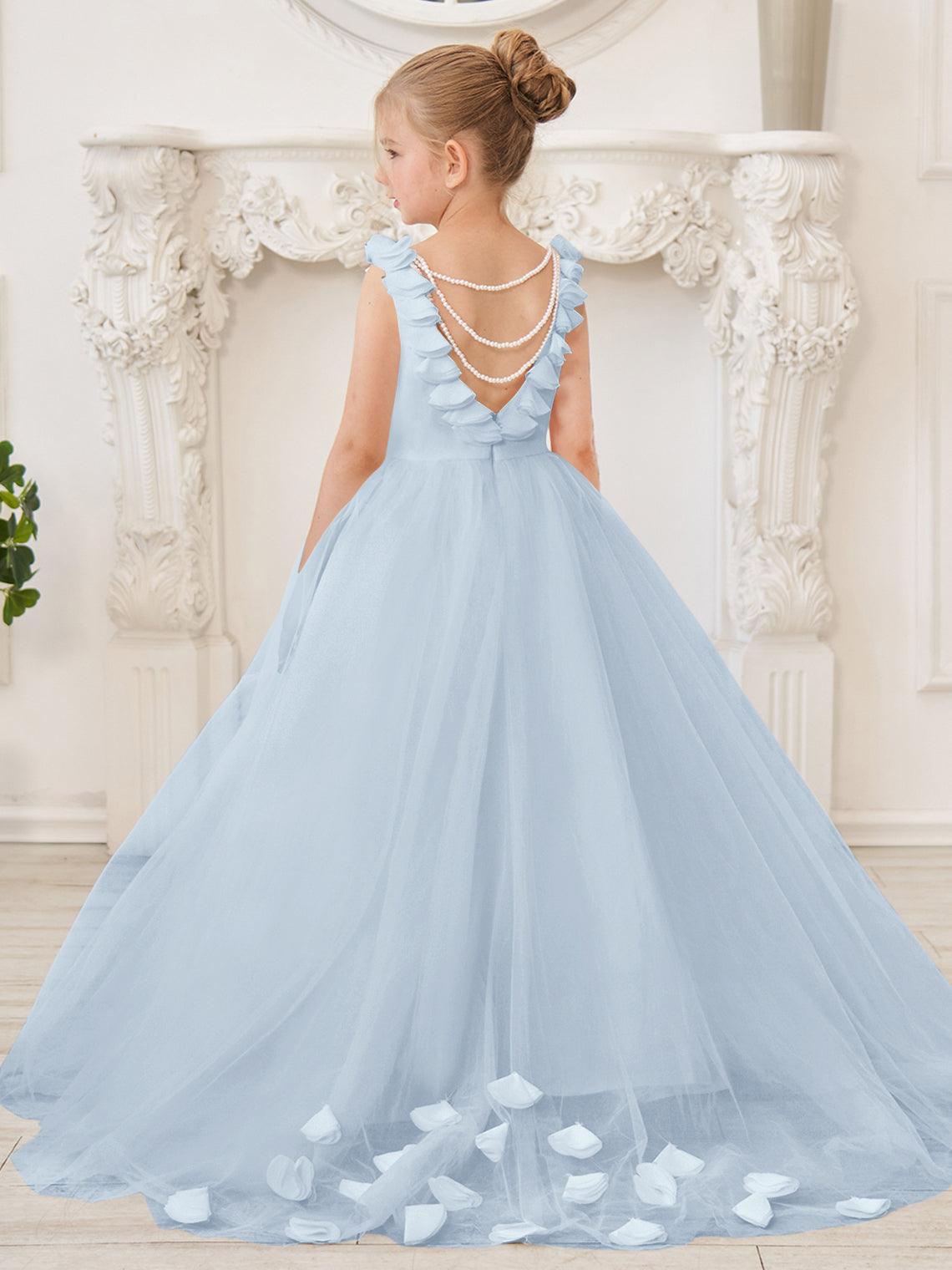 Elegant White Tulle Flower Girl Applique Lace Dress With Sweep Train