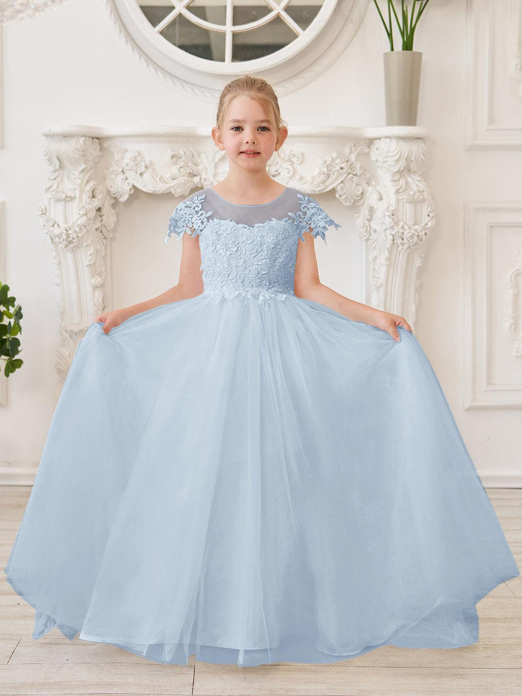 Ivory Lace Tulle First Communion Flower Girl Dress With Detachable Train