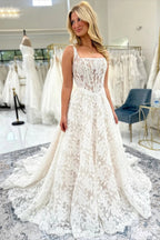 Ivory A Line Sleeveless Lace Wedding Dress With Square Neckline And Appliques