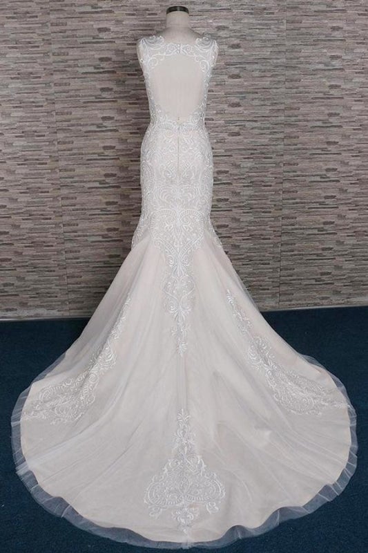 Elegantes vestidos de novia de corte sirena con apliques de escote cuadrado y elegantes 