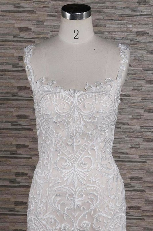 Elegantes vestidos de novia de corte sirena con apliques de escote cuadrado y elegantes 