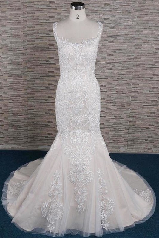 Elegantes vestidos de novia de corte sirena con apliques de escote cuadrado y elegantes 