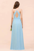 Vestido de Dama de Honra Sem Mangas Azul Céu em Linha A Simples