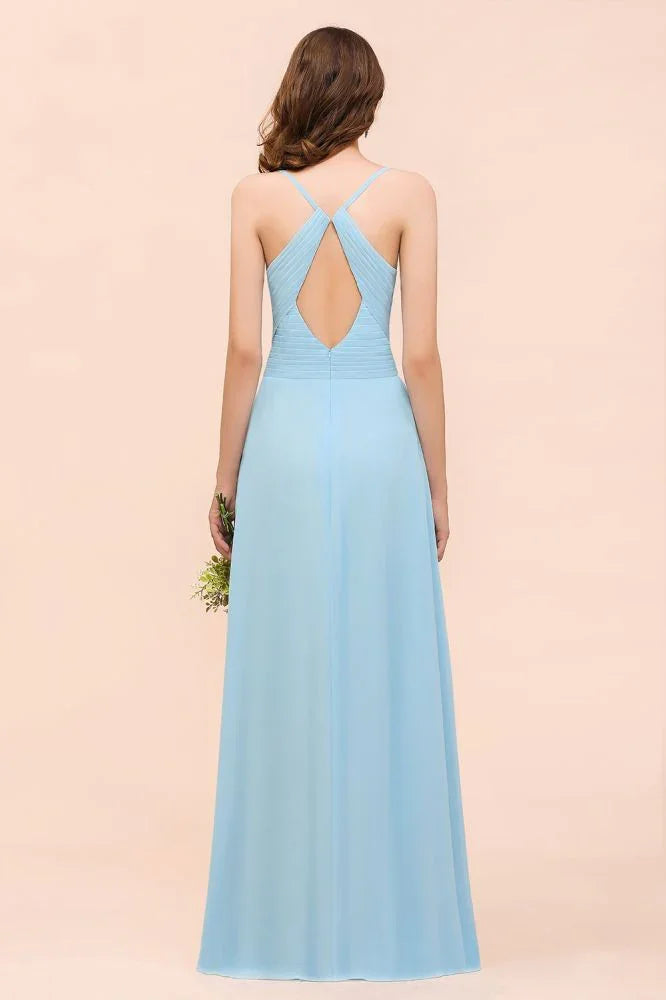 Vestido de Dama de Honra Sem Mangas Azul Céu em Linha A Simples