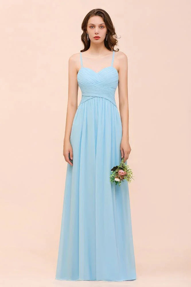 Vestido de Dama de Honra Sem Mangas Azul Céu em Linha A Simples