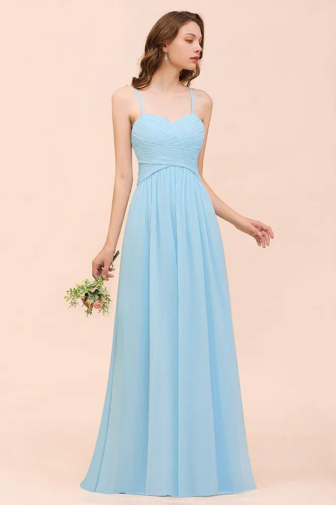 Vestido de Dama de Honra Sem Mangas Azul Céu em Linha A Simples