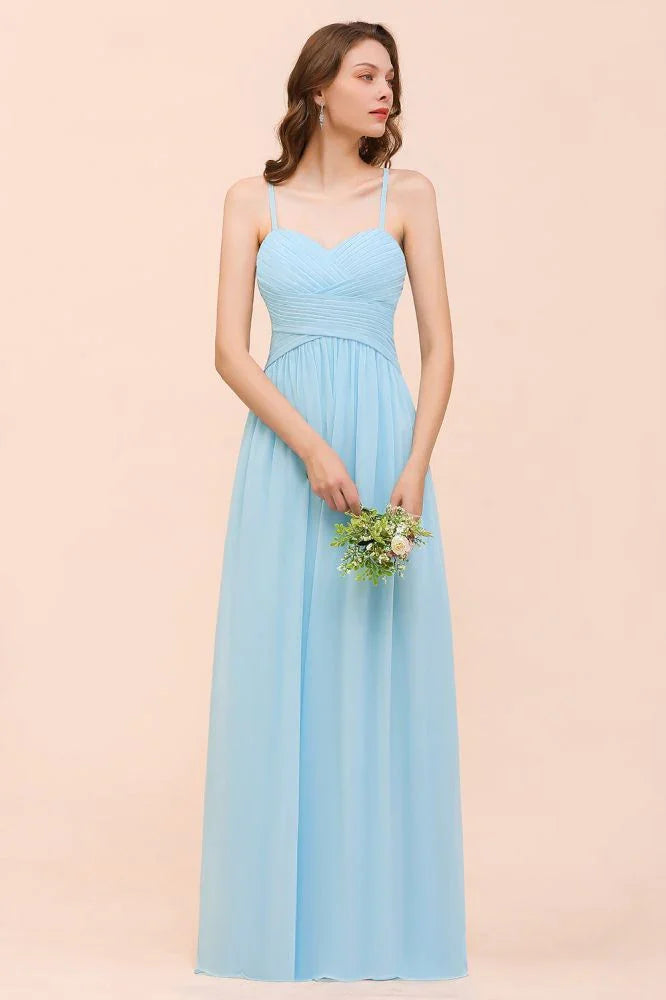Vestido de Dama de Honra Sem Mangas Azul Céu em Linha A Simples