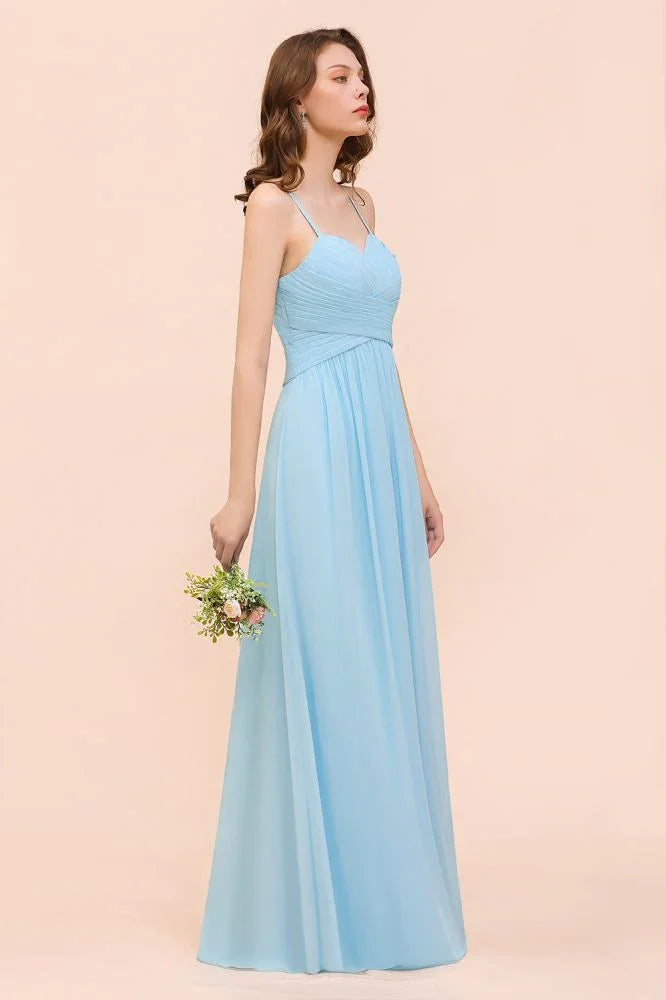 Vestido de Dama de Honra Sem Mangas Azul Céu em Linha A Simples