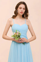 Vestido de Dama de Honra Sem Mangas Azul Céu em Linha A Simples