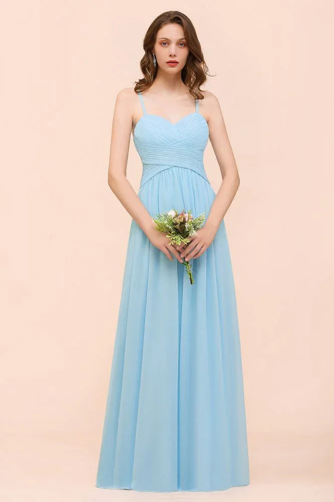 Vestido de Dama de Honra Sem Mangas Azul Céu em Linha A Simples
