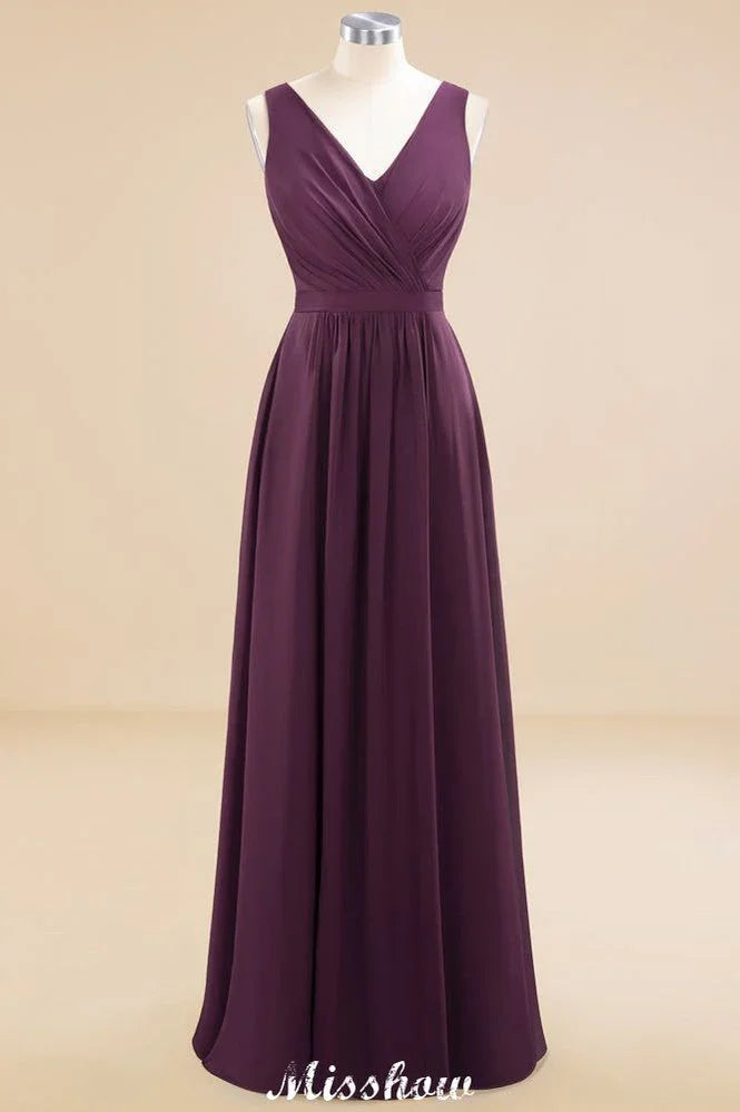 Vestido de Dama de Honra em Chiffon sem Mangas, Corte em A, Comprimento até ao Chão, Decote em V, Vestido de Festa